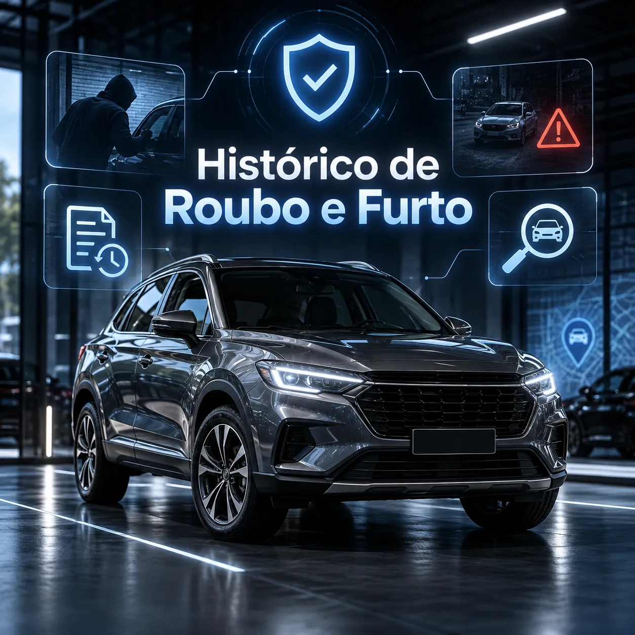SUV em destaque com ícones de alerta e consulta para histórico de roubo e furto